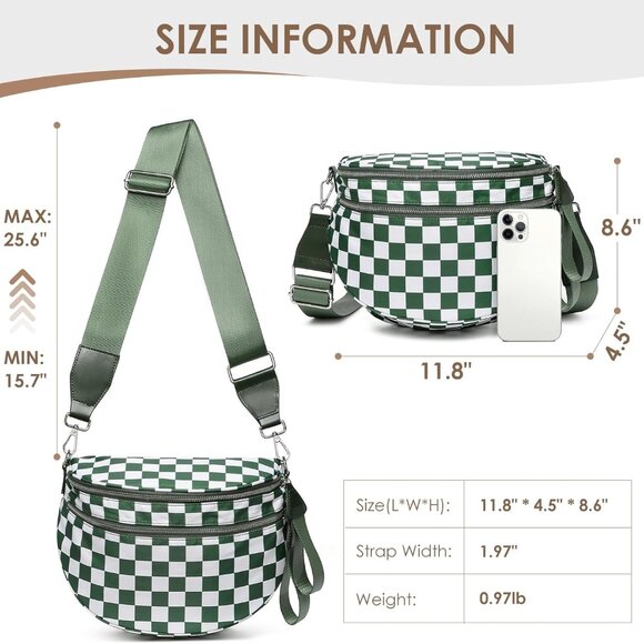 Bum Bags for Women, RFID Checkered Crossbody Bags with Silver Zipper, Nylon Plus - Picture 2 of 6